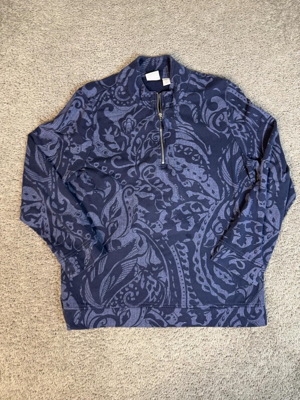 WEEKENDS By Chico's Sweater Pullover Womens XL Blue Paisley 1/4 Zip Mock Neck